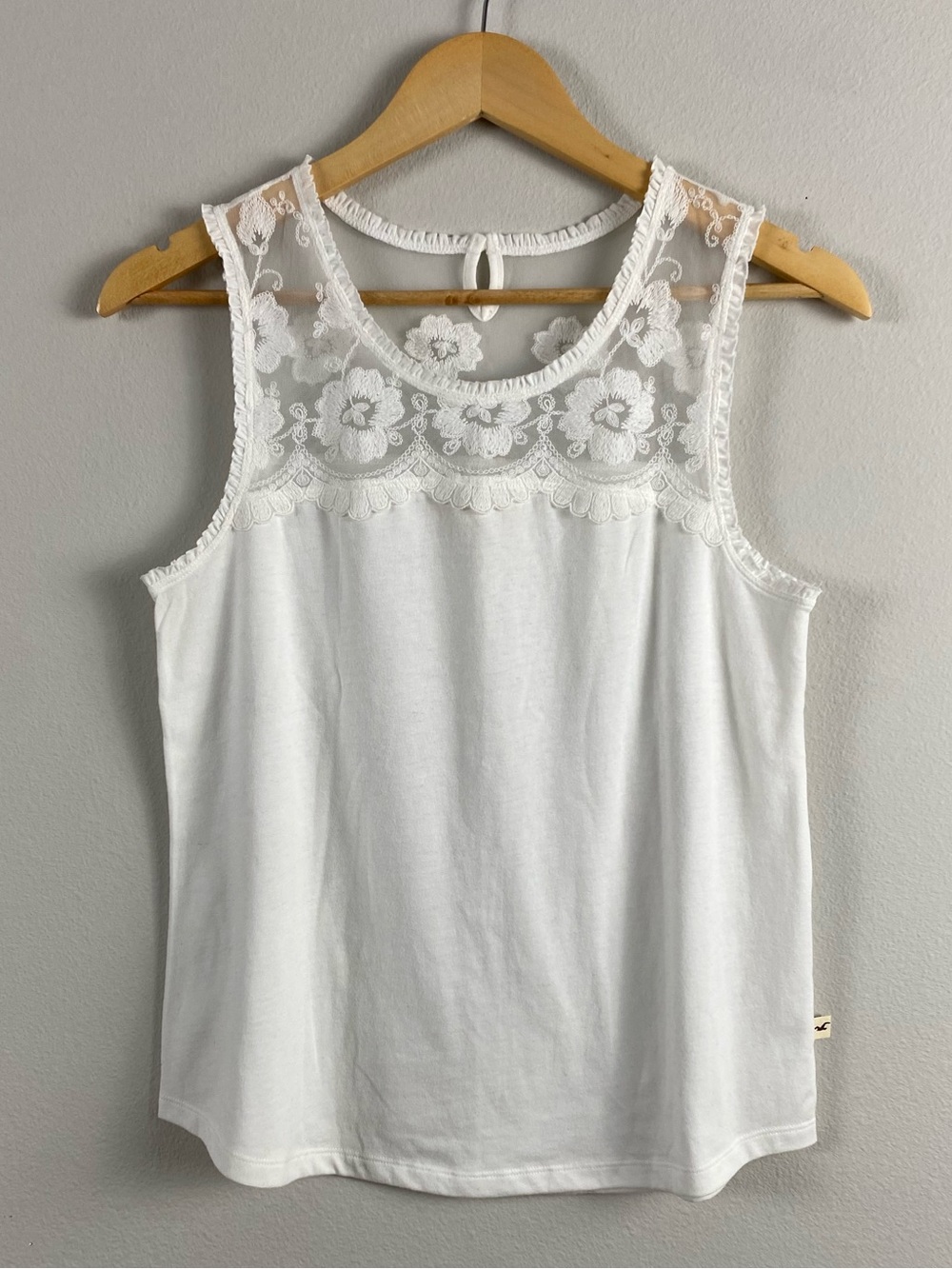 Hollister Floral Embroidered Mesh Yoke Two Tone Tank Top | White